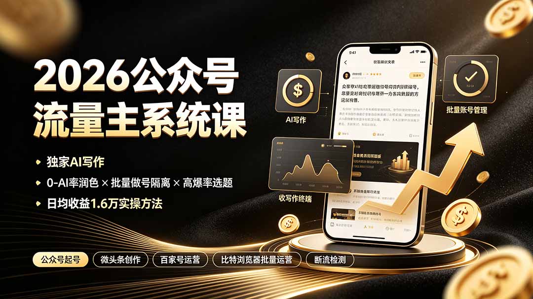 (19405期)2026公众号流量主系统课:独家AI写作×0-AI率润色×批量做号隔离×高爆率选题,日均收益1.6万实操方法-宇文网创
