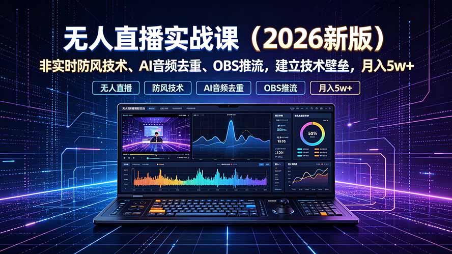 （19525期）无人直播实战课（更新7月），非实时防风技术、AI音频去重、OBS推流，建立技术壁垒，月入5w+-宇文网创