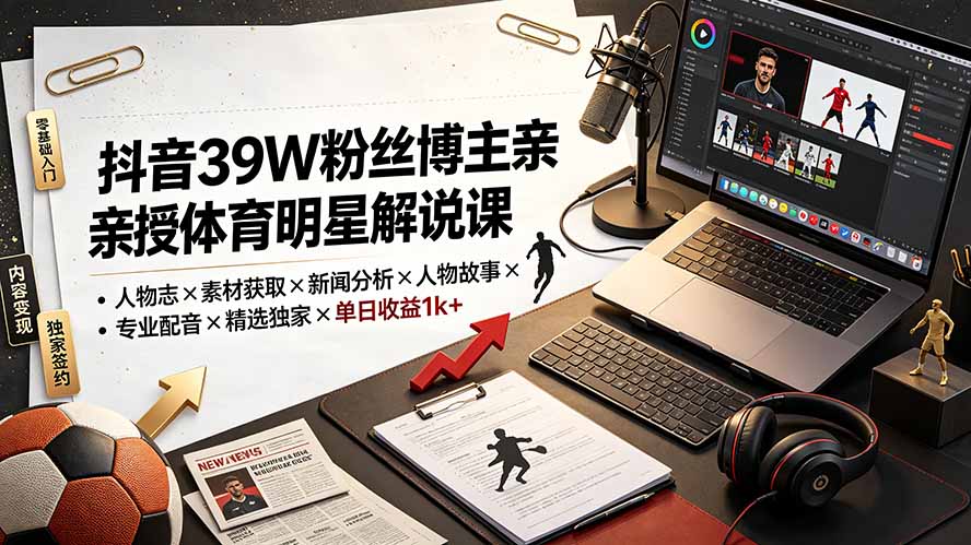 (19476期)抖音39W粉丝博主亲授体育明星解说课:人物志×素材获取×新闻分析×人物故事×专业配音×精选独家×单日收益1k+-宇文网创