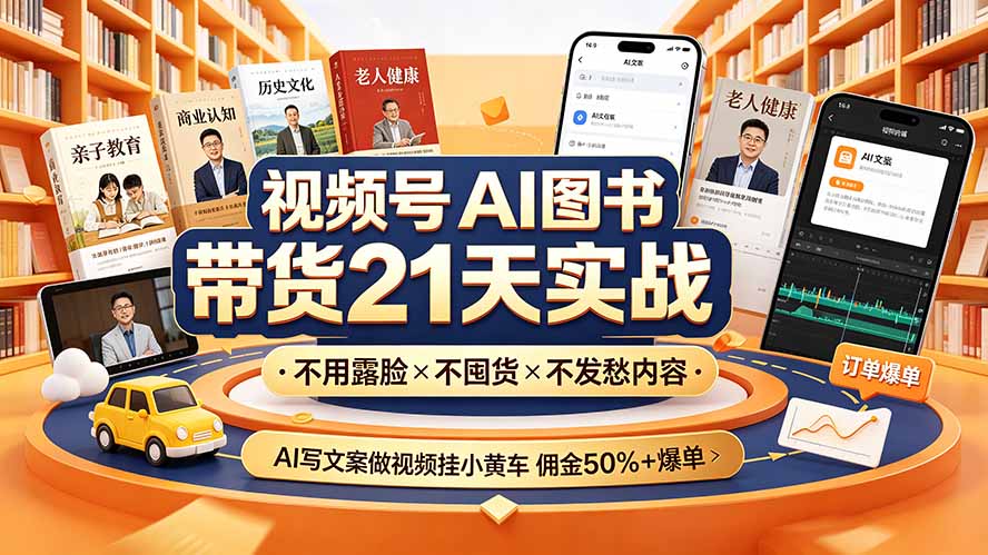 (19476期)视频号AI图书带货21天实战:不用露脸×不囤货×不发愁内容,AI写文案做视频挂小黄车,佣金50%+爆单-宇文网创