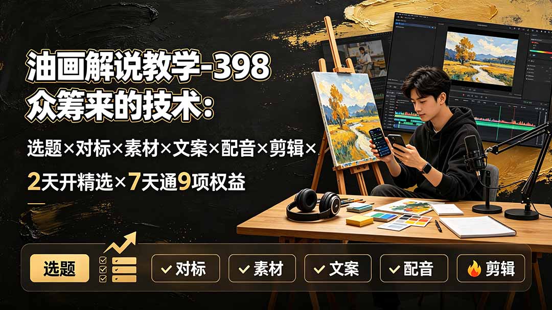 (19527期)油画解说教学-398众筹来的技术:选题×对标×素材×文案×配音×剪辑×2天开精选×7天通9项权益-宇文网创