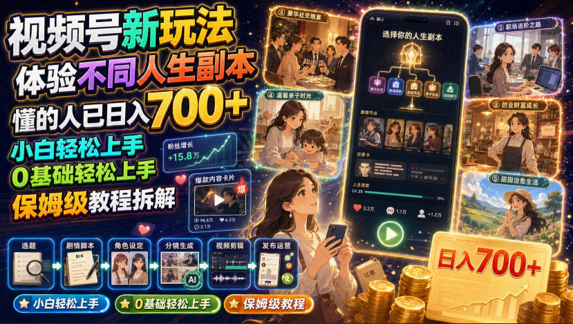 视频号新玩法体验不同人生副本,懂的人已日入700+,小白轻松上手,0基础轻松上手,保姆级教程拆解-宇文网创