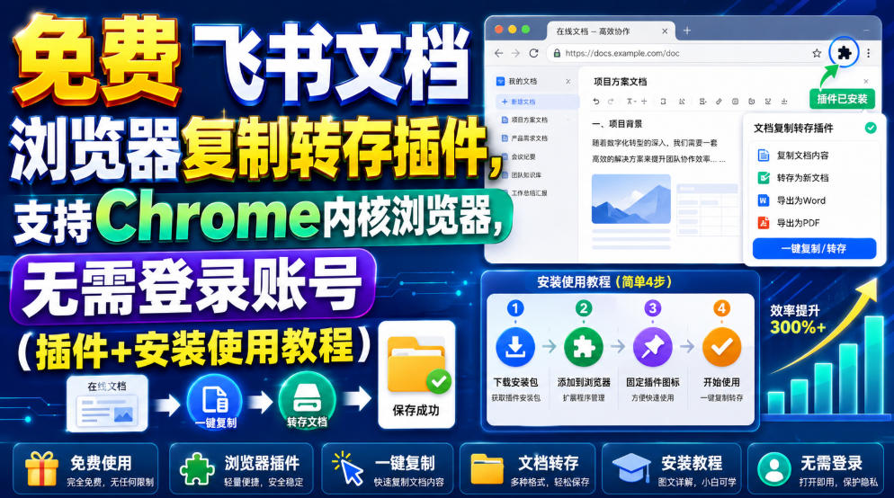 免费飞书文档浏览器复制转存插件,支持Chrome内核浏览器,无需登录账号(插件+安装使用教程)-宇文网创
