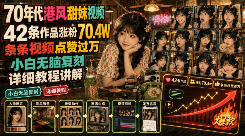 70年代港风甜妹视频,42条作品涨粉70.4W,条条视频点赞过万,小白无脑复刻,详细教程讲解-宇文网创