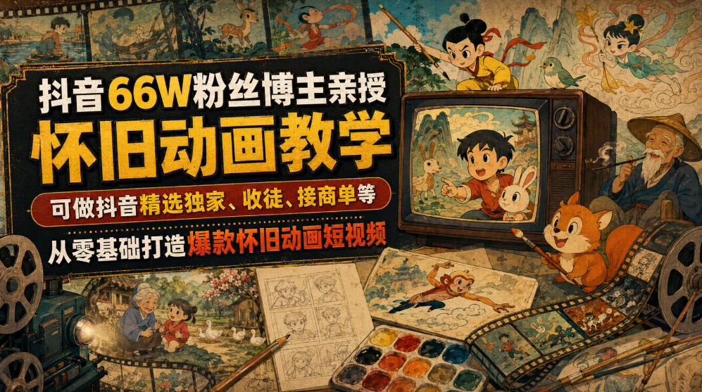 抖音66W粉丝博主亲授怀旧动画教学,可做抖音精选独家、收徒、接商单等,从零基础打造爆款怀旧动画短视频-宇文网创