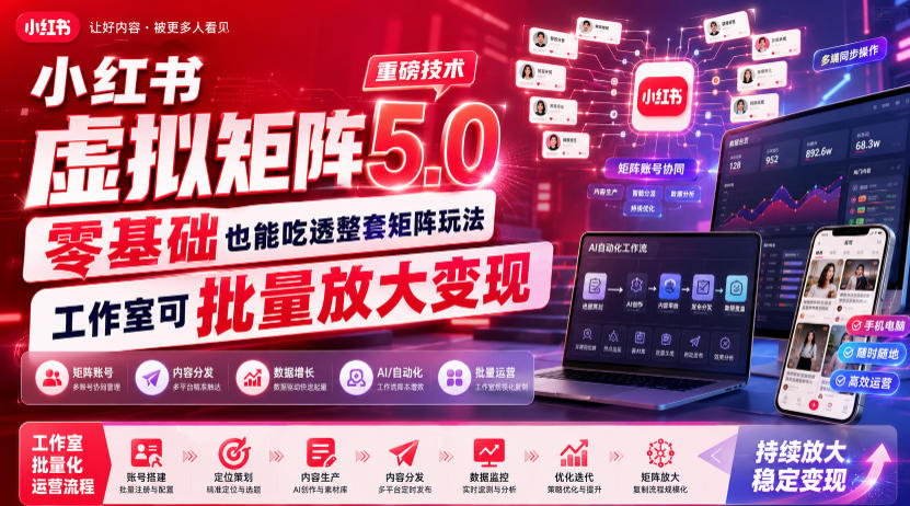 小红书虚拟矩阵5.0重磅技术,零基础也能吃透整套矩阵玩法,工作室可批量放大变现-宇文网创