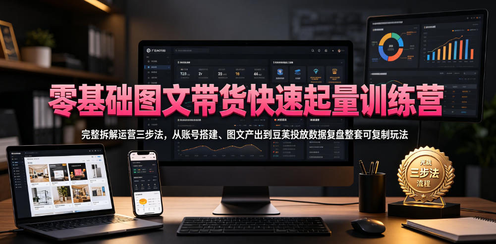 零基础图文带货快速起量训练营，完整拆解运营三步法，从账号搭建、图文产出到豆荚投放数据复盘整套可复制玩法-宇文网创
