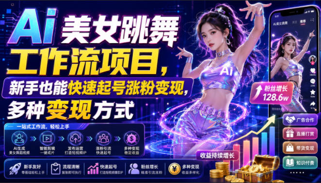 Ai美女跳舞工作流项目，新手也能快速起号涨粉变现，多种变现方式-宇文网创