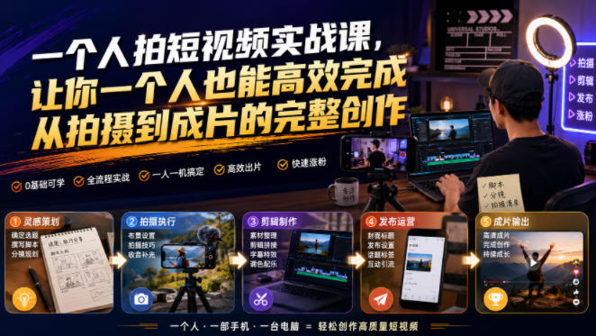 一个人拍短视频实战课，让你一个人也能高效完成从拍摄到成片的完整创作-宇文网创