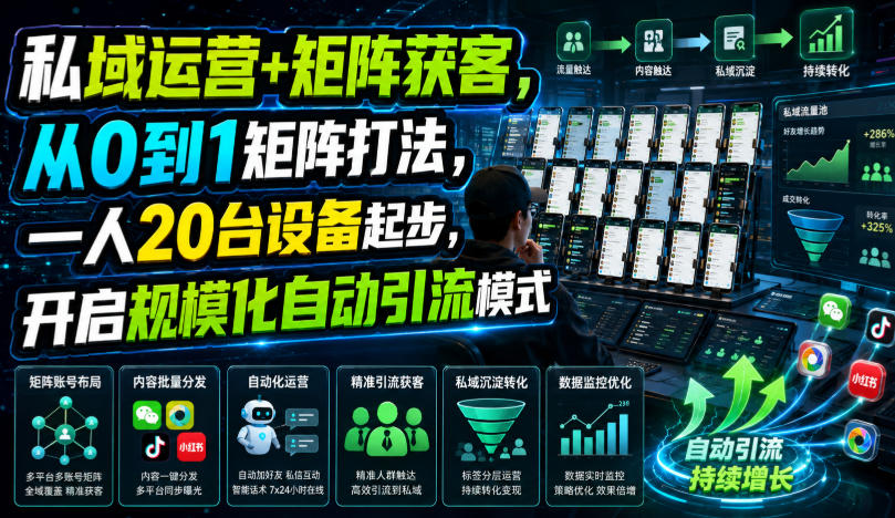 私域运营+矩阵获客,从0到1矩阵打法,一人20台设备起步,开启规模化自动引流模式!-宇文网创