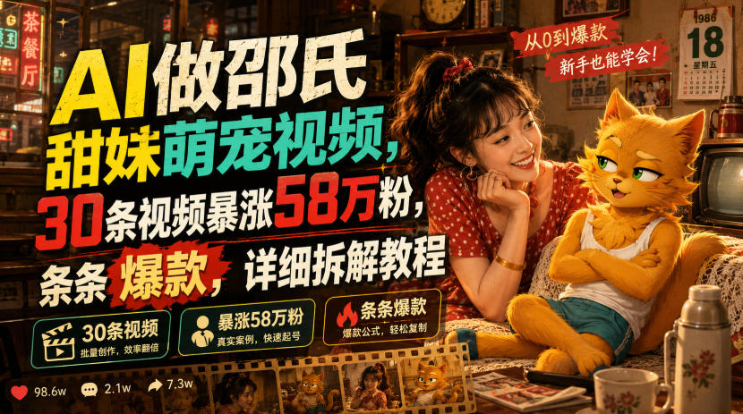 AI做邵氏甜妹萌宠视频,30条视频暴涨58万粉,条条爆款,详细拆解教程-宇文网创