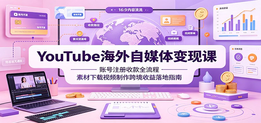YouTube海外自媒体变现课:账号注册收款全流程,素材下载视频制作跨境收益落地指南-宇文网创