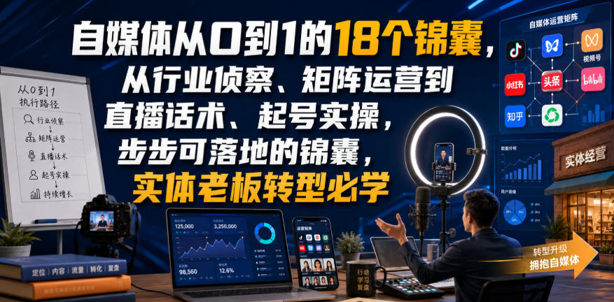 自媒体从0到1的18个锦囊,从行业侦察、矩阵运营到直播话术、起号实操,步步可落地的锦囊,实体老板转型必学-宇文网创