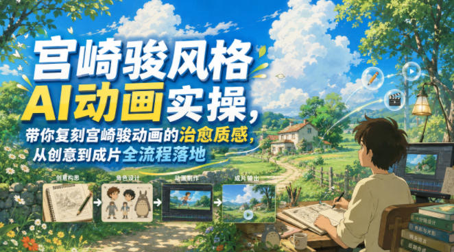 宫崎骏风格AI动画实操，带你复刻宫崎骏动画的治愈质感，从创意到成片全流程落地-宇文网创