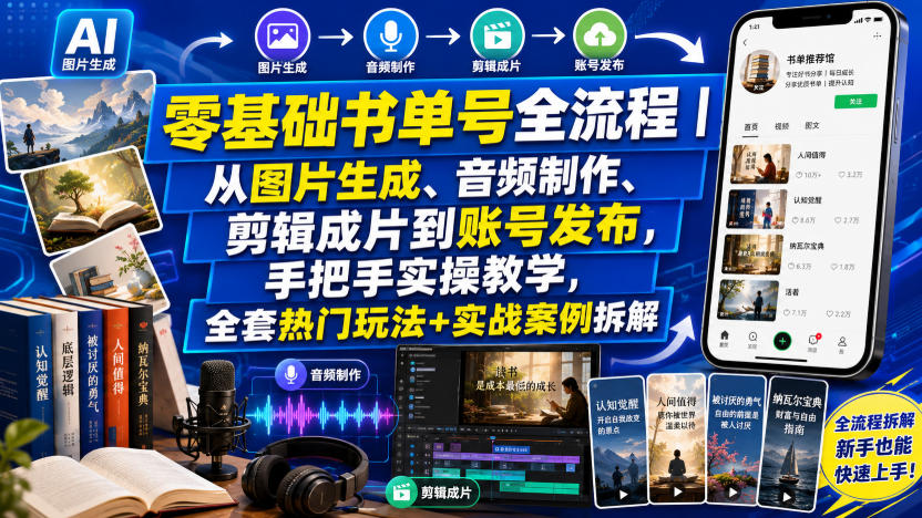 零基础书单号全流程|从图片生成、音频制作、剪辑成片到账号发布,手把手实操教学,全套热门玩法+实战案例拆解-宇文网创