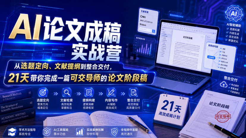 AI论文成稿实战营,从选题定向、文献提纲到整合交付,21天带你完成一篇可交导师的论文阶段稿-宇文网创