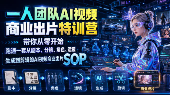 一人团队AI视频商业出片实战课：带你从零开始跑通一套从剧本、分镜、角色、运镜、生成到剪辑的AI视频商业出片SOP-宇文网创