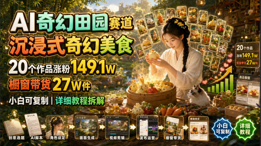 AI奇幻田园赛道,沉浸式奇幻美食,20个作品涨粉149.1W,橱窗带货27W件,小白可复制,详细教程拆解-宇文网创