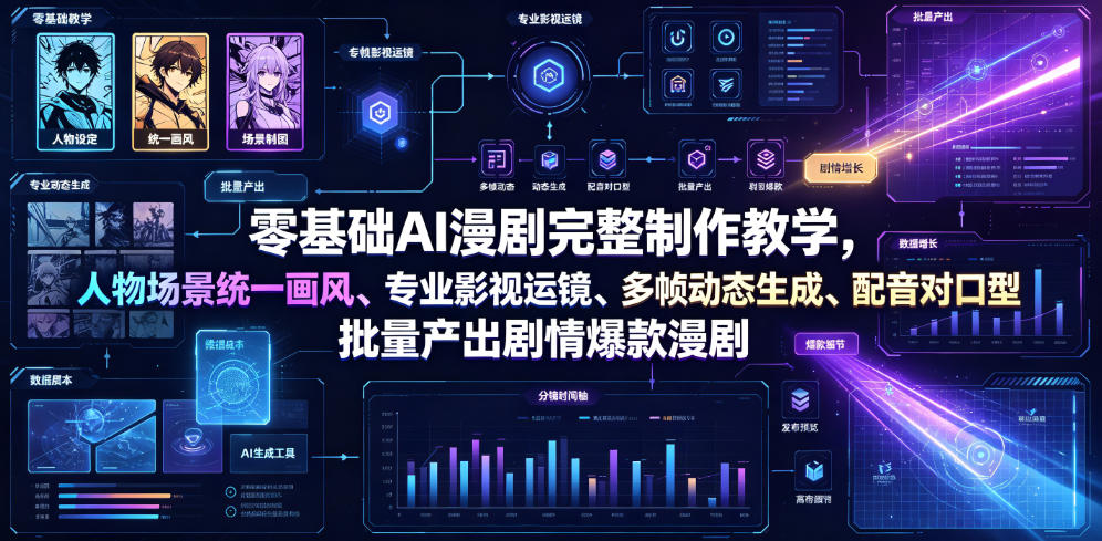 零基础AI漫剧完整制作教学，人物场景统一画风、专业影视运镜、多帧动态生成、配音对口型，批量产出剧情爆款漫剧-宇文网创