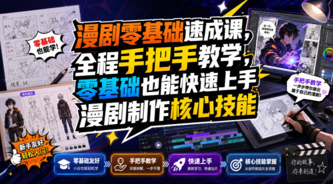 漫剧零基础速成课，全程手把手教学，零基础也能快速上手漫剧制作核心技能-宇文网创