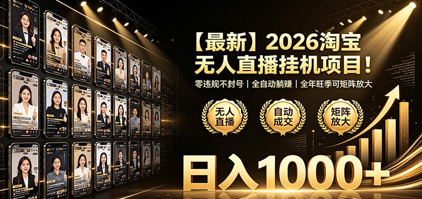 最新2026淘宝无人直播挂机项目!零违规不封号,全自动躺赚,日入1000+-宇文网创