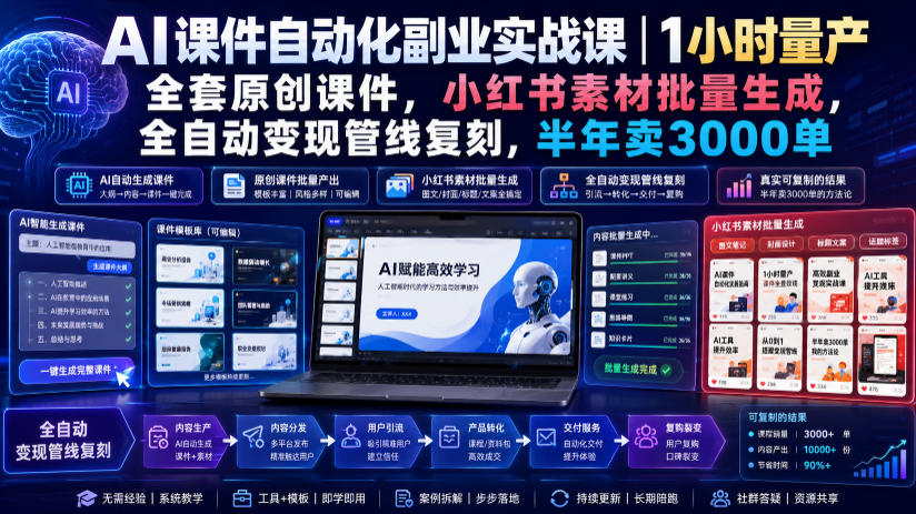 AI课件自动化副业实战课|1小时量产全套原创课件,小红书素材批量生成,全自动变现管线复刻,半年卖3000单-宇文网创
