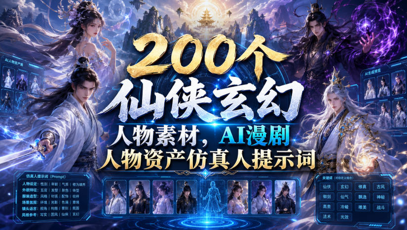 200个仙侠玄幻人物素材，AI漫剧人物资产仿真人提示词-宇文网创