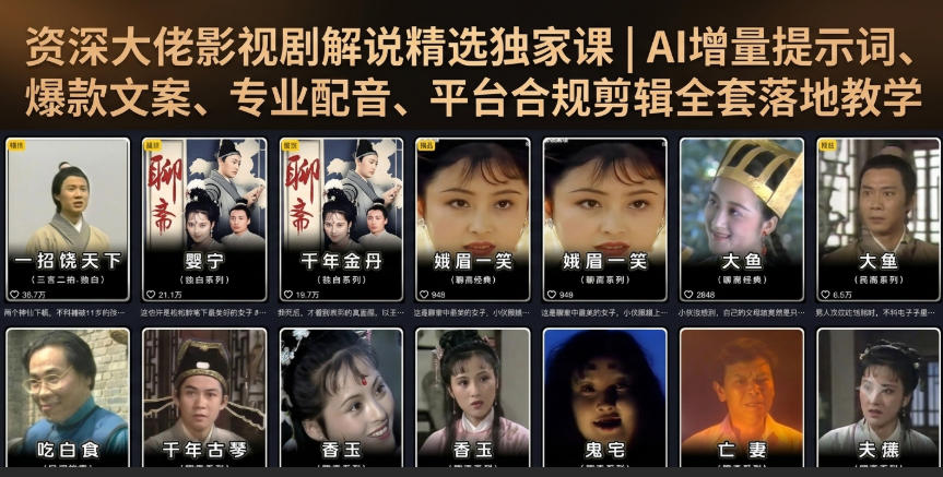 资深大佬影视剧解说精选独家课|AI增量提示词、爆款文案、专业配音、平台合规剪辑全套落地教学-宇文网创