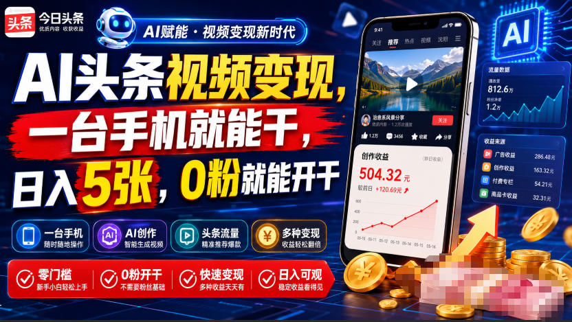 AI头条视频变现，一台手机就能干，日入5张，0粉就能开干-宇文网创