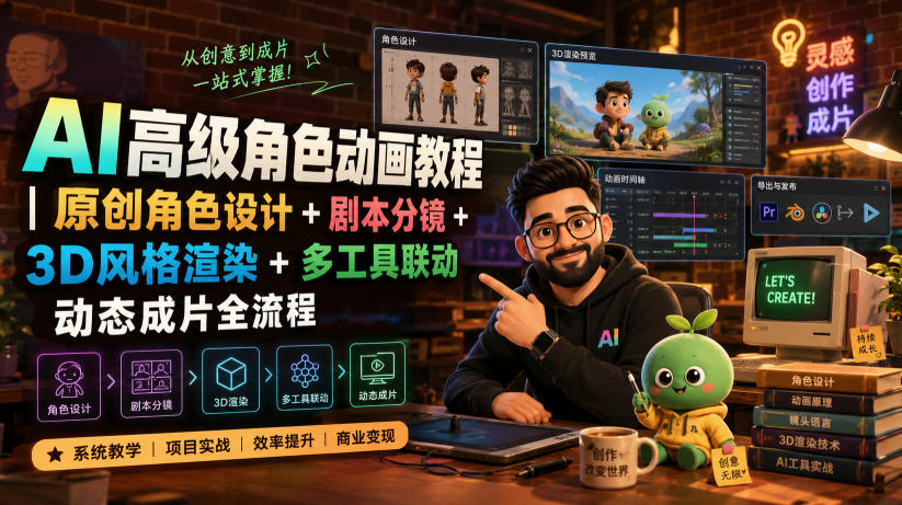 AI高级角色动画教程|原创角色设计+剧本分镜+3D风格渲染+多工具联动动态成片全流程【中英字幕】-宇文网创