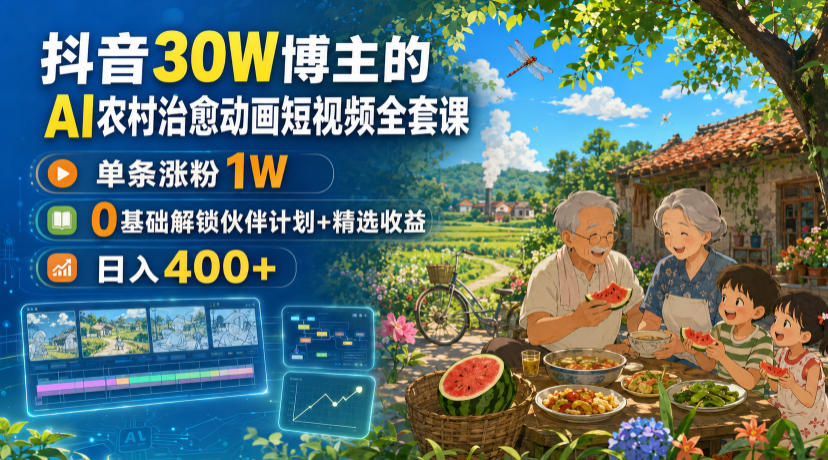 抖音30W博主的AI农村治愈动画短视频全套课｜单条涨粉1W，0基础解锁伙伴计划+精选收益，日入400+-宇文网创