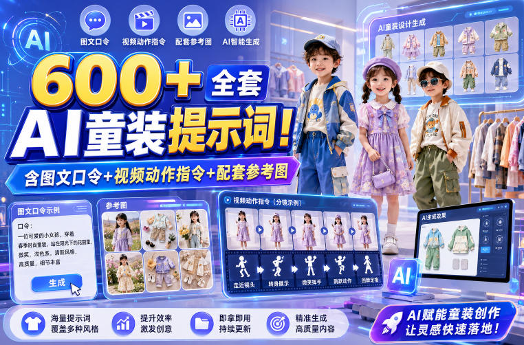 600+全套AI童装提示词！含图文口令+视频动作指令+配套参考图，Word-Excel规整分类，童装电商、种草无脑量产内容！-宇文网创