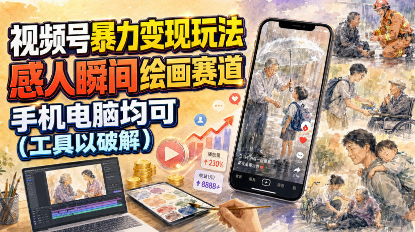 视频号暴力变现玩法,感人瞬间绘画赛道,手机电脑均可-宇文网创