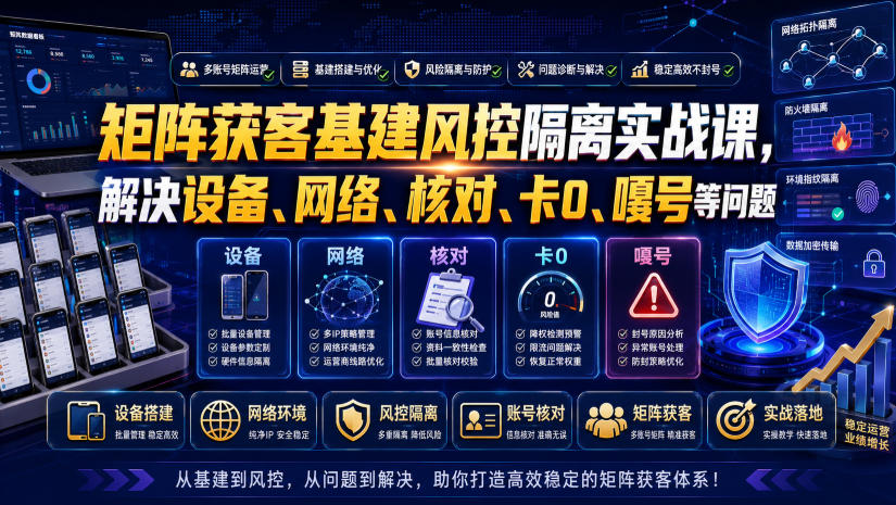 矩阵获客基建风控隔离实战课,解决设备、网络、核对、卡0、嘎号等问题-宇文网创