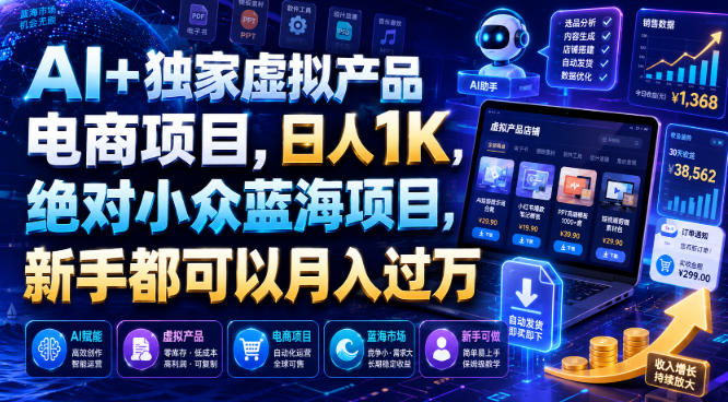 AI+独家虚拟产品电商项目，日人1K，绝对小众蓝海项目，新手都可以月入过万【揭秘】-宇文网创