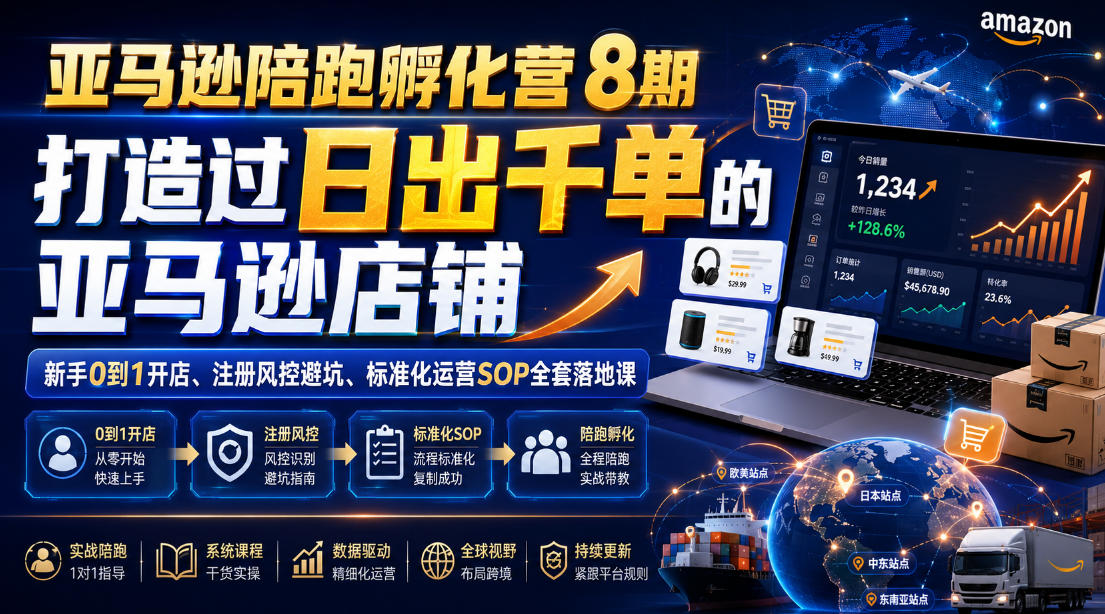 亚马逊陪跑孵化营8期,打造过日出千单的亚马逊店铺,新手0到1开店、注册风控避坑、标准化运营SOP全套落地课-宇文网创