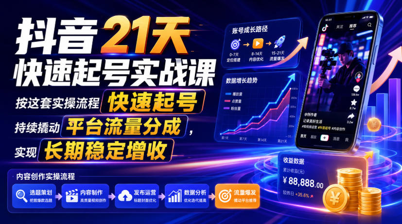 抖音21天快速起号实战课,按这套实操流程快速起号,持续撬动平台流量分成,实现长期稳定增收-宇文网创