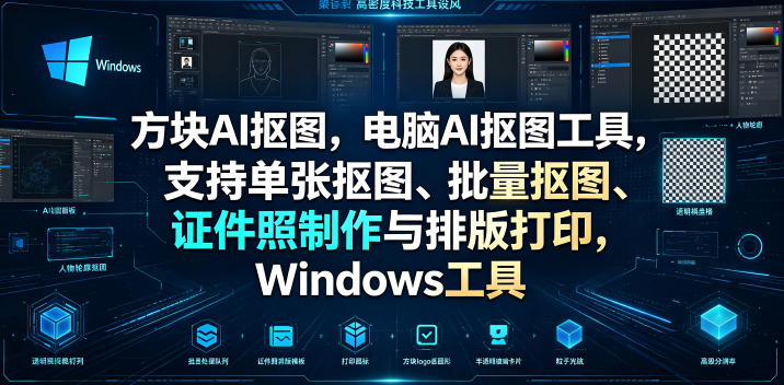 方块AI抠图，电脑AI抠图工具，支持单张抠图、批量抠图、证件照制作与排版打印，Windows工具-宇文网创