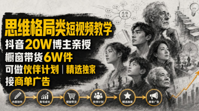 人性思维格局类短视频教学，抖音20W博主亲授，橱窗带货6W件，可做伙伴计划、精选独家、接商单广告-宇文网创