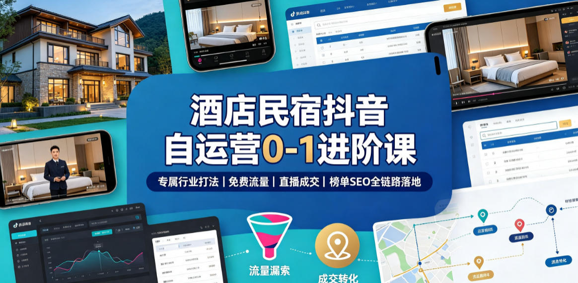 酒店民宿抖音自运营0-1进阶课|专属行业打法、免费流量+直播成交+榜单SEO全链路落地-宇文网创