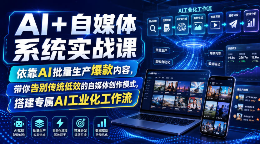 AI+自媒体系统实战课，依靠AI批量生产爆款内容，带你告别传统低效的自媒体创作模式，搭建专属AI工业化工作流-宇文网创