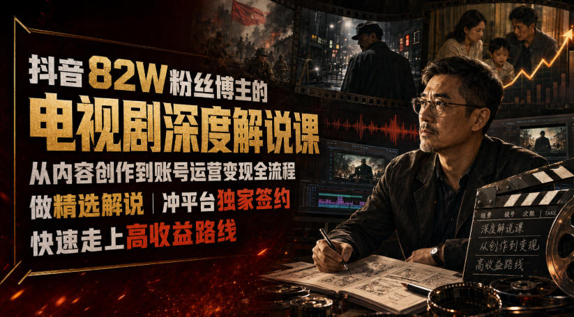 抖音82W粉丝博主的电视剧深度解说课，从内容创作到账号运营变现全流程，做精选解说，冲平台独家签约，快速走上高收益路线-宇文网创