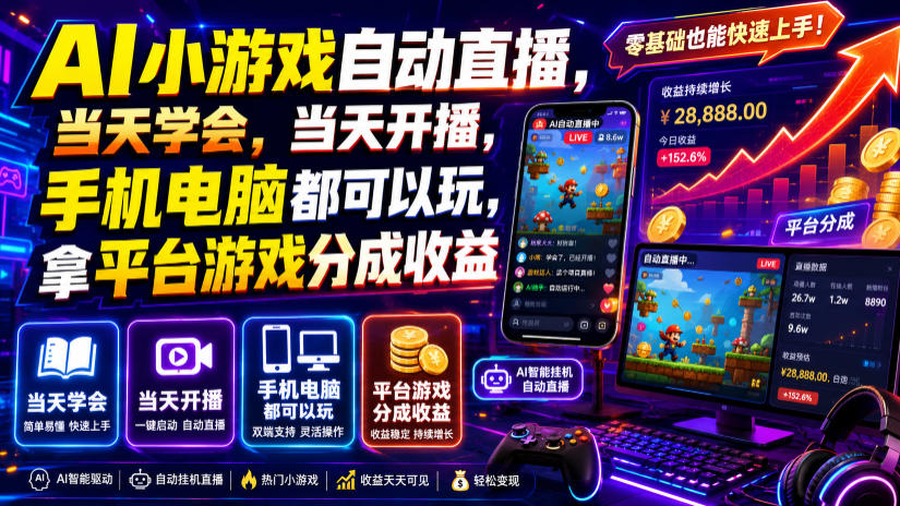 AI小游戏自动直播,当天学会,当天开播,手机电脑都可以玩,拿平台游戏分成收益-宇文网创