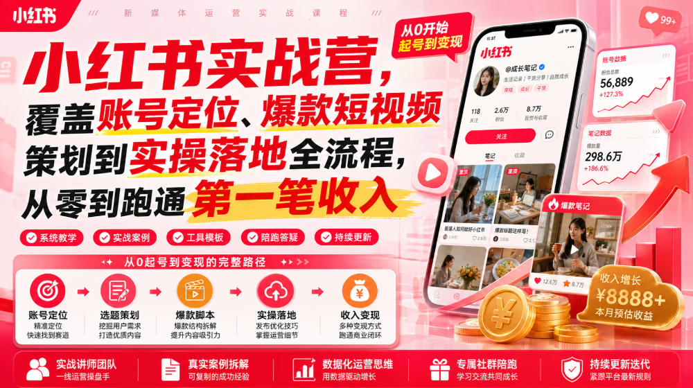 小红书实战营，覆盖账号定位、爆款短视频策划到实操落地全流程，从零到跑通第一笔收入-宇文网创