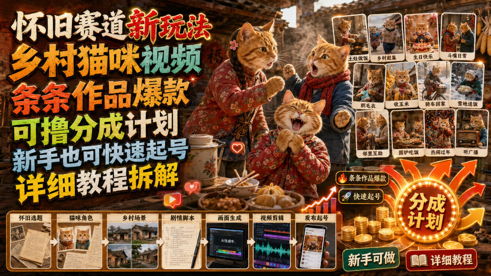 怀旧赛道新玩法,乡村猫咪视频,条条作品爆款,可撸分成计划,新手也可快速起号,详细教程拆解-宇文网创