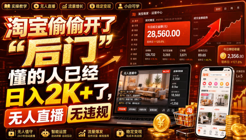 淘宝偷偷开了“后门”，懂的人已经日入2K+了，无人直播无违规，一台电脑=一家24小时营业的线上门店【揭秘】-宇文网创
