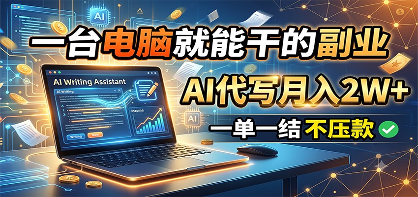 一台电脑就能干的副业，AI代写月入2W+，一单一结不压款-宇文网创