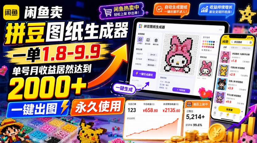 闲鱼卖拼豆图纸生成器，一单1.8-9.9，单号月收益居然达到2000+一键出图永久使用-宇文网创