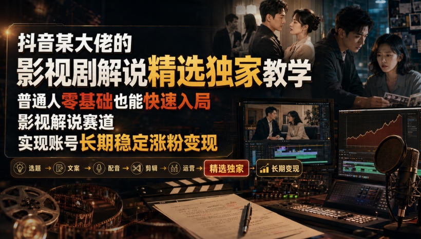抖音某大佬的影视剧解说精选独家教学,普通人零基础也能快速入局影视解说赛道,实现账号长期稳定变现-宇文网创