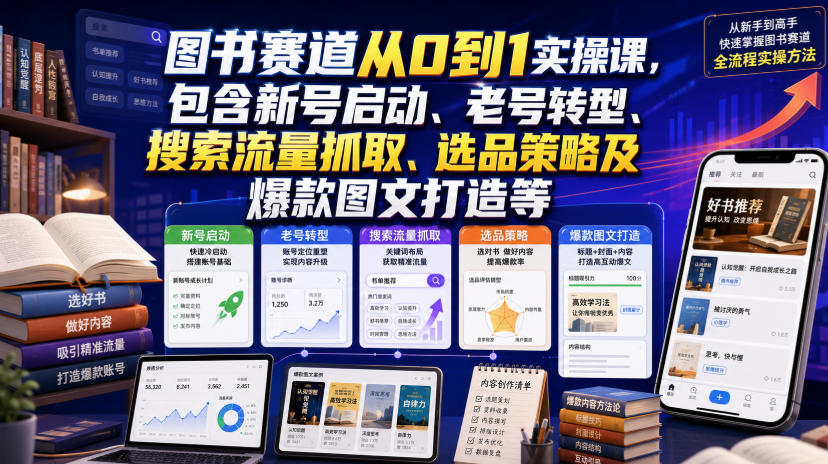 图书赛道从0到1实操课,包含新号启动、老号转型、搜索流量抓取、选品策略及爆款图文打造等-宇文网创